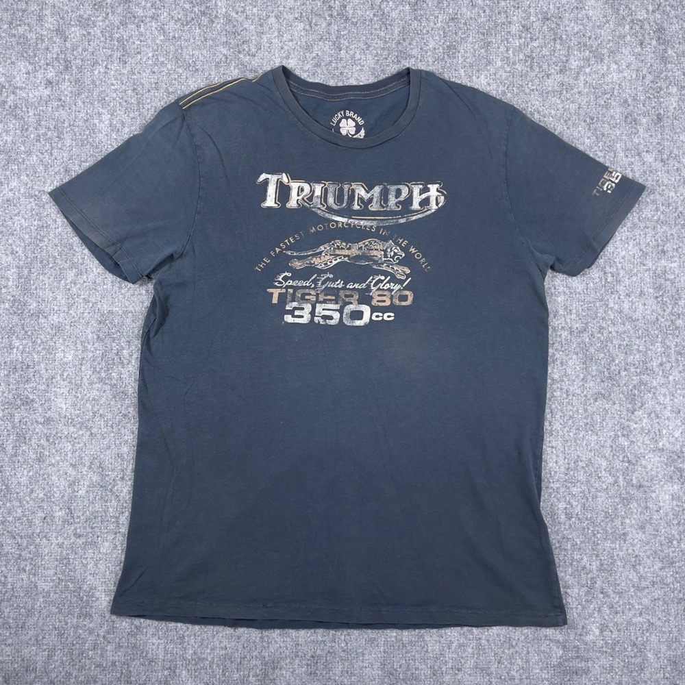 Lucky Brand Triumph Graphic Tee Mens XL Black Tiger 80 350cc Distressed Cotton